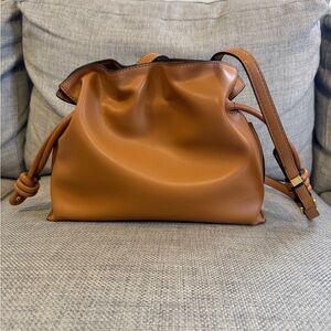 Camel crossbody purse, medium size with adjustable strap and side drawstrings